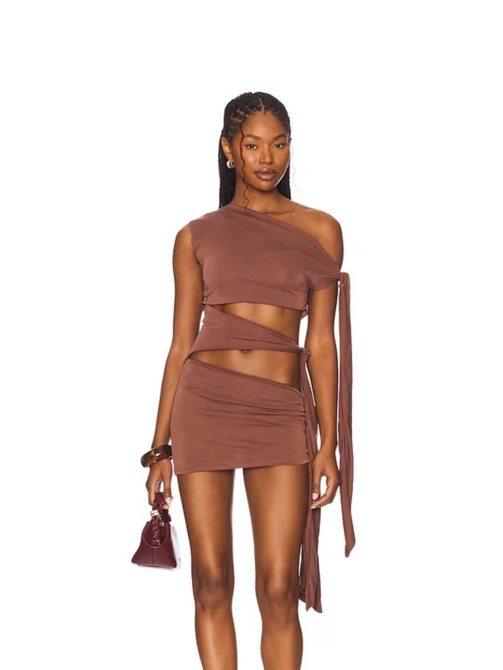 Jaded London Mena Asymmetric Mini Dress in Sienna